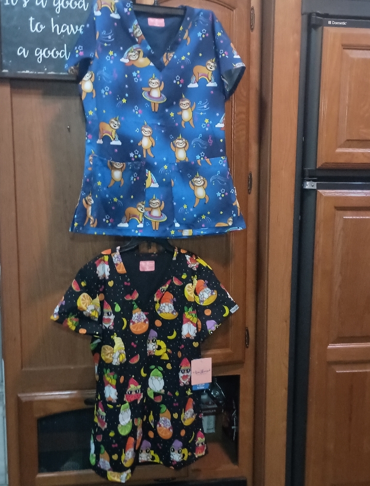 Bundle Of Ava Therese Scrub Tops 1-Blue Sloth Unicorn Print 1-NWT Gnome Print XS